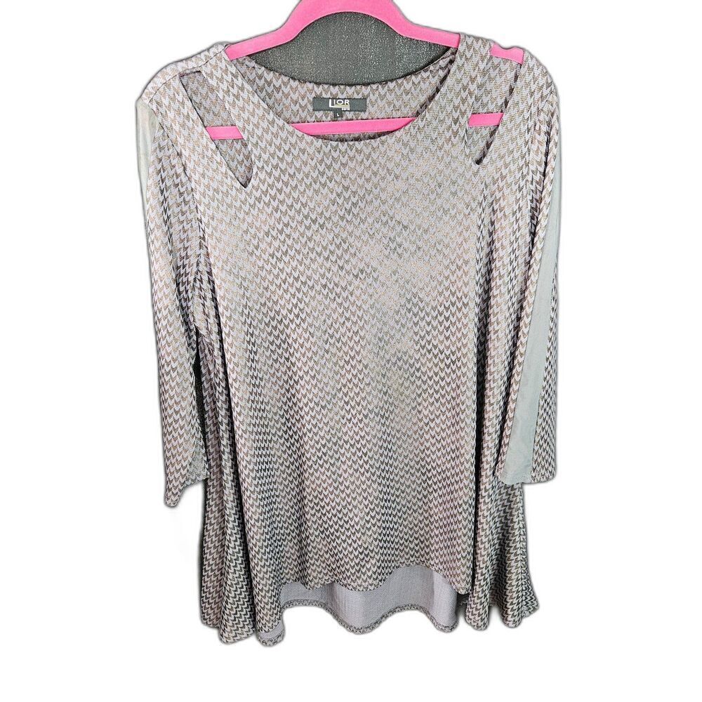 LIOR Paris Shoulder Cutout Metallic Chevron Tunic Top Women’s Large 3/4 Sleeve
